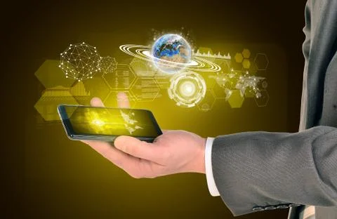 Man hands using smart phone. Image of world map on screen Stock Illustration