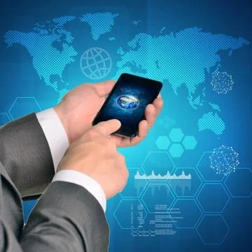 Man hands using smart phone. Image of Earth on screen Stock Illustration