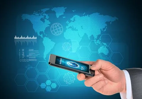 Man hands using smart phone. Image of Earth on screen Stock Illustration