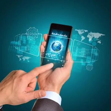 Man hands using smart phone. Image of Earth on screen Stock Illustration