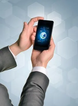 Man hands using smart phone. Image of Earth on screen Stock Illustration