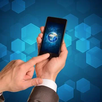 Man hands using smart phone. Image of Earth on screen Stock Illustration