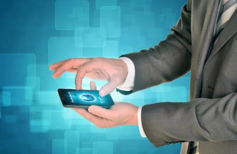 Man hands using smart phone. Image of Earth on screen Stock Illustration