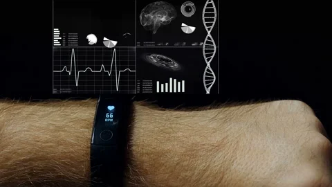 Man hands using smart watch with future media hologram. HUD 스톡 동영상 95391508