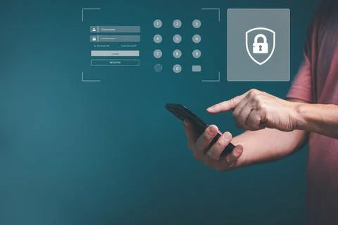 Man hands using smartphone log into website application with username, passwo Stock Photos