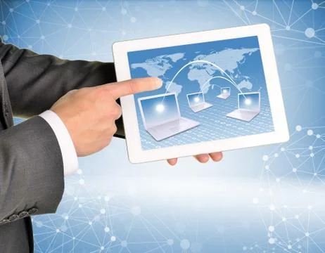 Man hands using tablet pc. Image of world map and laptops on screen Stock Illustration