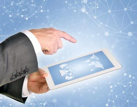 Man hands using tablet pc. Image of world map and laptops on screen Stock Illustration