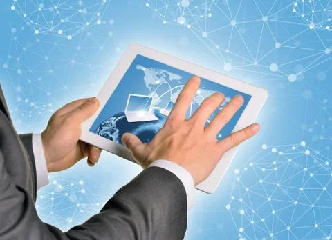 Man hands using tablet pc. Image of Earth and laptops on screen Stock Illustration