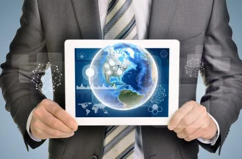 Man hands using tablet pc. Image of Earth and business elements on screen Stock Illustration