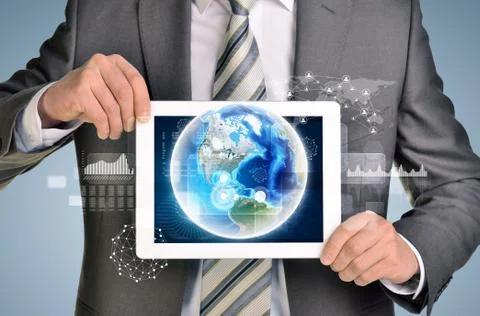 Man hands using tablet pc. Image of Earth and network on screen Stock Illustration