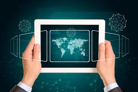 Man hands using tablet pc. Image of world map and network on screen イラスト素材