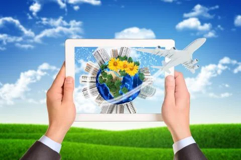 Man hands using tablet pc. Image of Earth and buildings on screen Stock Illustration