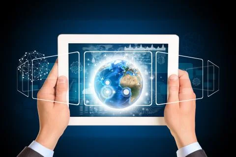 Man hands using tablet pc. Image of Earth and network on screen Stock Illustration