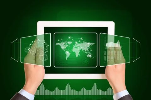 Man hands using tablet pc. Image of world map and network on screen Stock Illustration