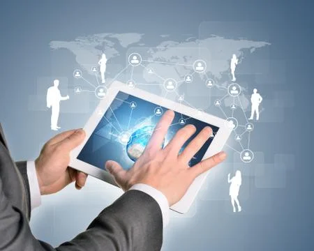 Man hands using tablet pc. Image of Earth and network on screen Stock Illustration