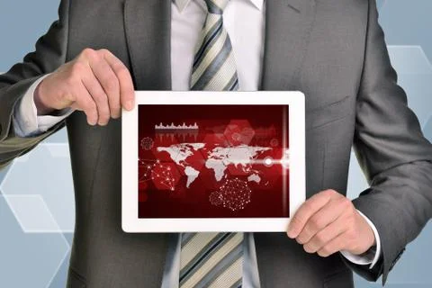 Man hands using tablet pc. Image of business elements on screen Illustrazione stock