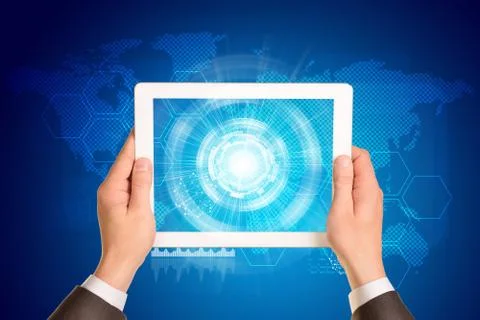 Man hands using tablet pc. Image of business elements on screen Stock Illustration