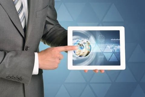 Man hands using tablet pc. Image of Earth on screen Stock Illustration