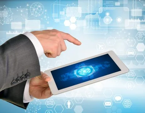 Man hands using tablet pc. Image of business elements on screen Stock Illustration