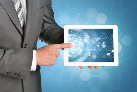Man hands using tablet pc. Image of business elements on screen Stock Illustration
