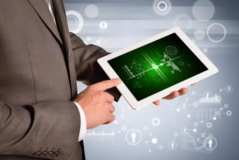 Man hands using tablet pc. Image of business elements on screen Illustrazione stock