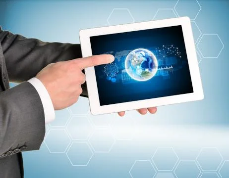 Man hands using tablet pc. Image of Earth on screen Stock Illustration