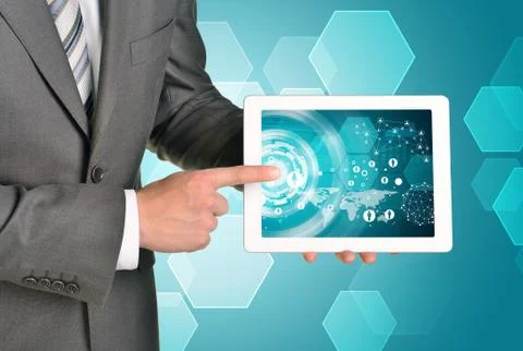 Man hands using tablet pc. Image of business elements on screen Stock Illustration