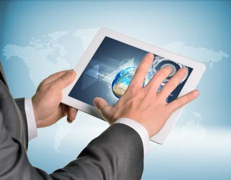 Man hands using tablet pc. Image of Earth on screen Stockillustratie