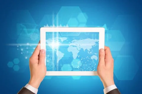 Man hands using tablet pc. Image of business elements on screen Stock Illustration