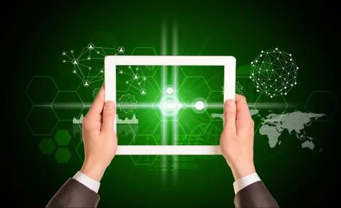 Man hands using tablet pc. Image of business elements on screen Illustrazione stock