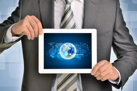 Man hands using tablet pc. Image of Earth on screen Stock Illustration