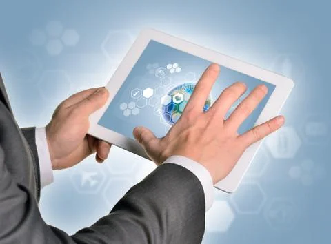 Man hands using tablet pc. Image of Earth on screen Stock Illustration