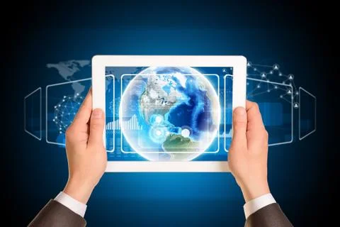 Man hands using tablet pc. Image of Earth on screen Stock Illustration
