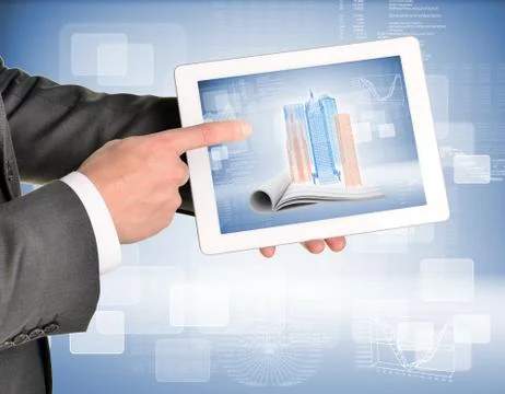 Man hands using tablet pc. Image of wire-frame buildings and open book on screen Stock Illustration