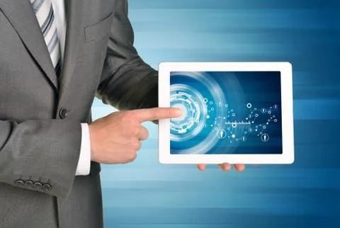 Man hands using tablet pc. Image of network and circles on screen Illustrazione stock