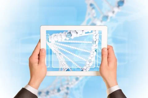 Man hands using tablet pc. Image of DNA helix on screen イラスト素材