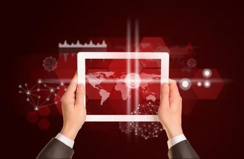 Man hands using tablet pc. Image of world map on screen Stock Illustration