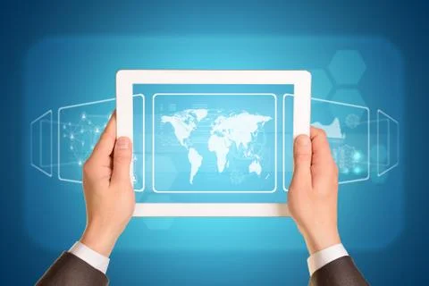 Man hands using tablet pc. Image of world map on screen Stock Illustration