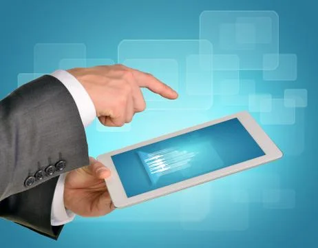 Man hands using tablet pc with wire-frame buildings and business silhouettes on Stock Illustration