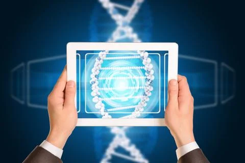 Man hands using tablet pc. Image of DNA helix on screen Stock Illustration