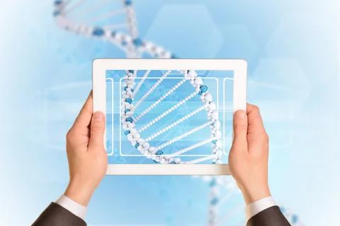 Man hands using tablet pc. Image of DNA helix on screen Illustrazione stock