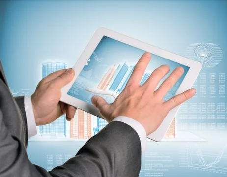 Man hands using tablet pc. Image of wire-frame buildings and open book on screen Stock Illustration