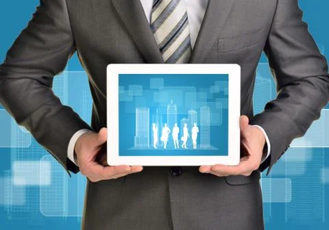 Man hands using tablet pc with wire-frame buildings and business silhouettes on Stock Illustration