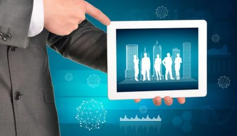 Man hands using tablet pc with wire-frame buildings and business silhouettes on Stock Illustration