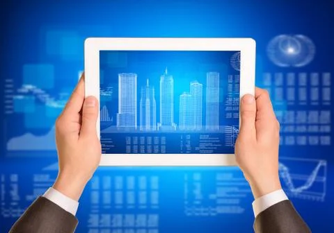 Man hands using tablet pc. Image of wire-frame buildings on screen Stock Illustration