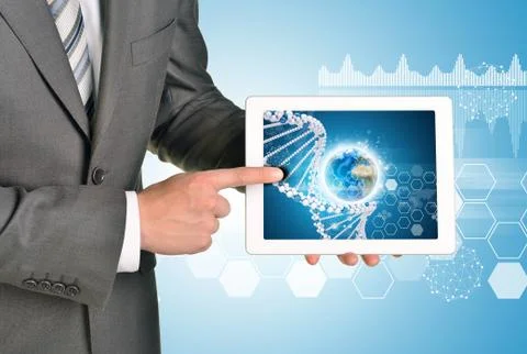 Man hands using tablet pc. Image of Earth and DNA helix on screen Stock Illustration