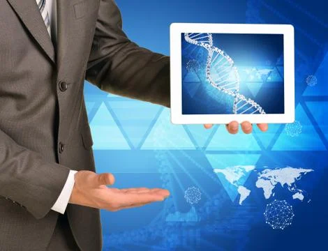 Man hands using tablet pc. Image of DNA helix on screen Stock Illustration