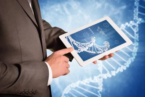 Man hands using tablet pc. Image of DNA helix on screen Stock Illustration