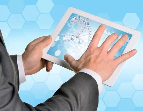 Man hands using tablet pc. Image of DNA helix on screen Stock Illustration