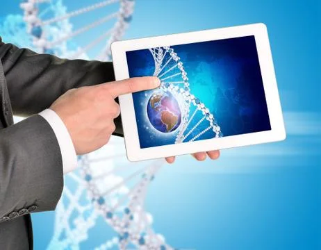 Man hands using tablet pc. Image of Earth and DNA helix on screen Stockillustratie